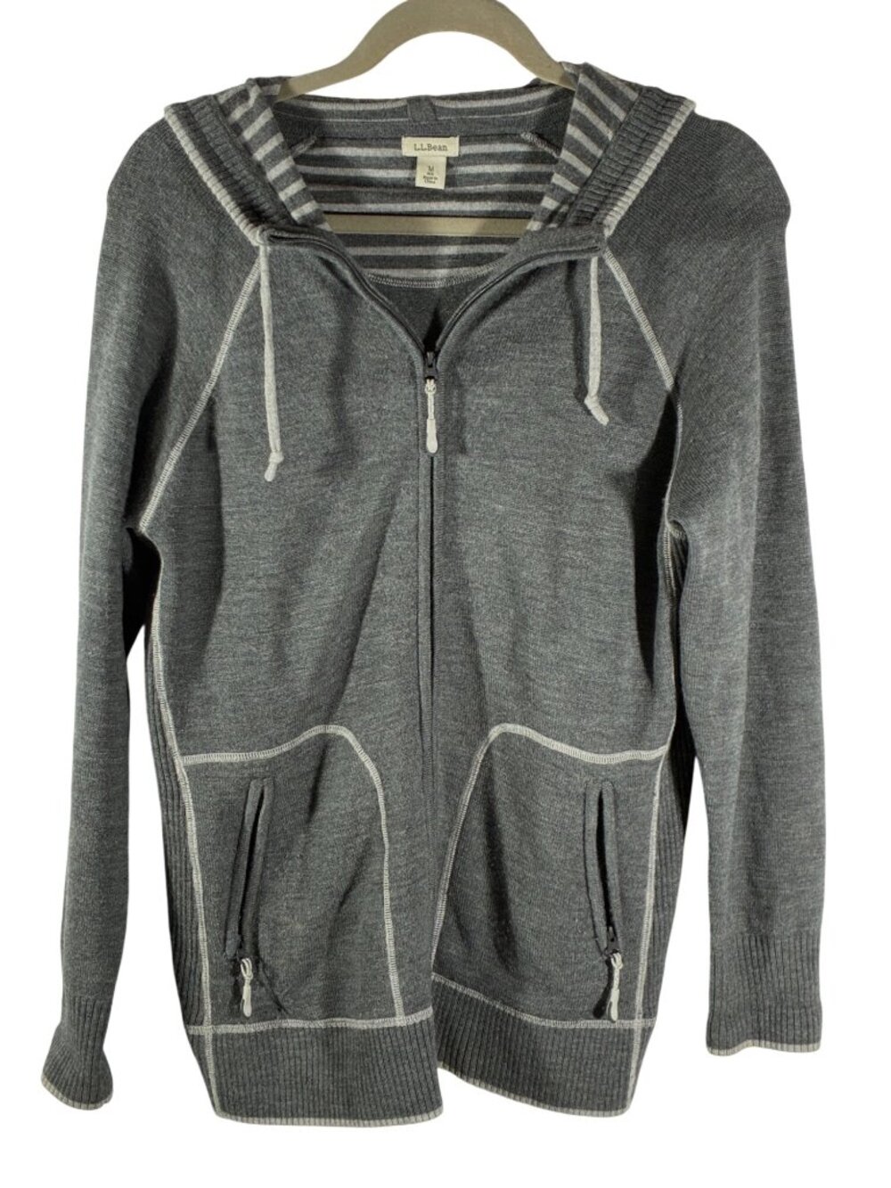 L.L.Bean Merino Wool Full-Zip Hoodie Sweater M Reg Striped Hood Pockets